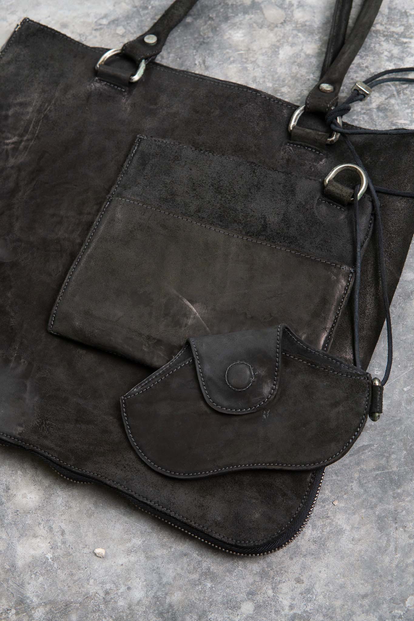 HORSE BUTT LEATHER BAG TOTO WB-2 UNLINED  WITH MEDIUM PURSE AND GLASSES CASE PIECE DYED