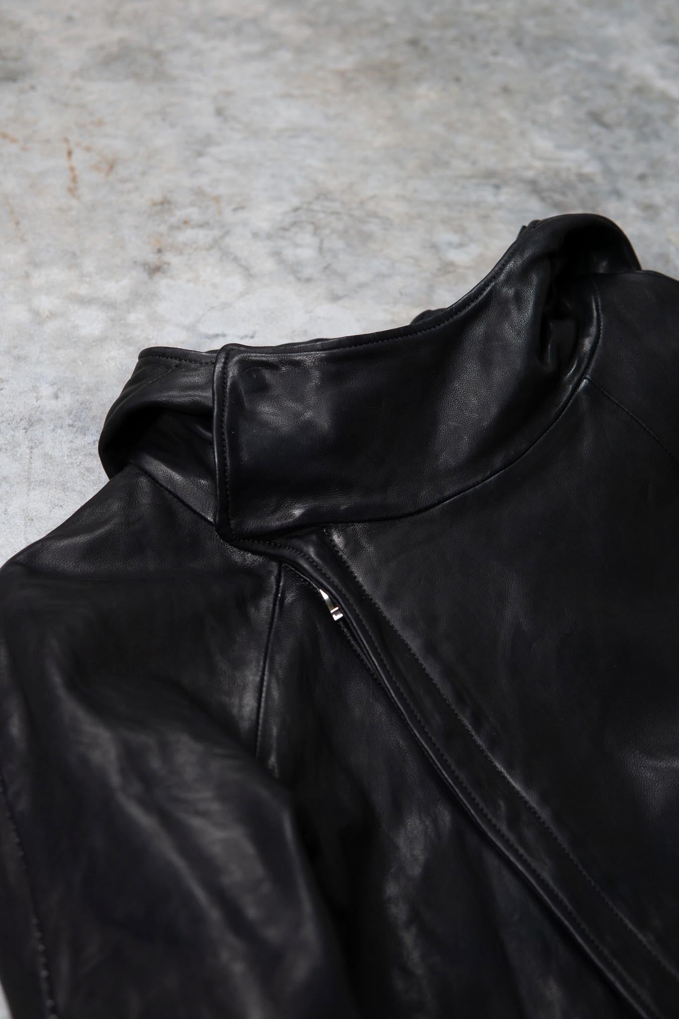 HEAVY WEIGHT SHEEP LEATHER ZIP FRONT HOODED BLOUSON LINED SJ-4