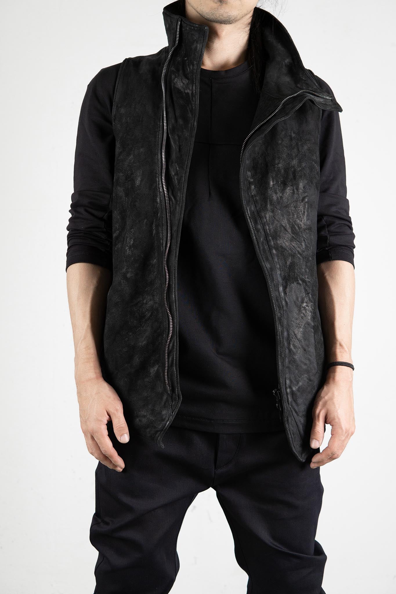 HEAVY WEIGHT SHEEP LEATHER HIGH COLLAR ZIP VEST LINED HV-1