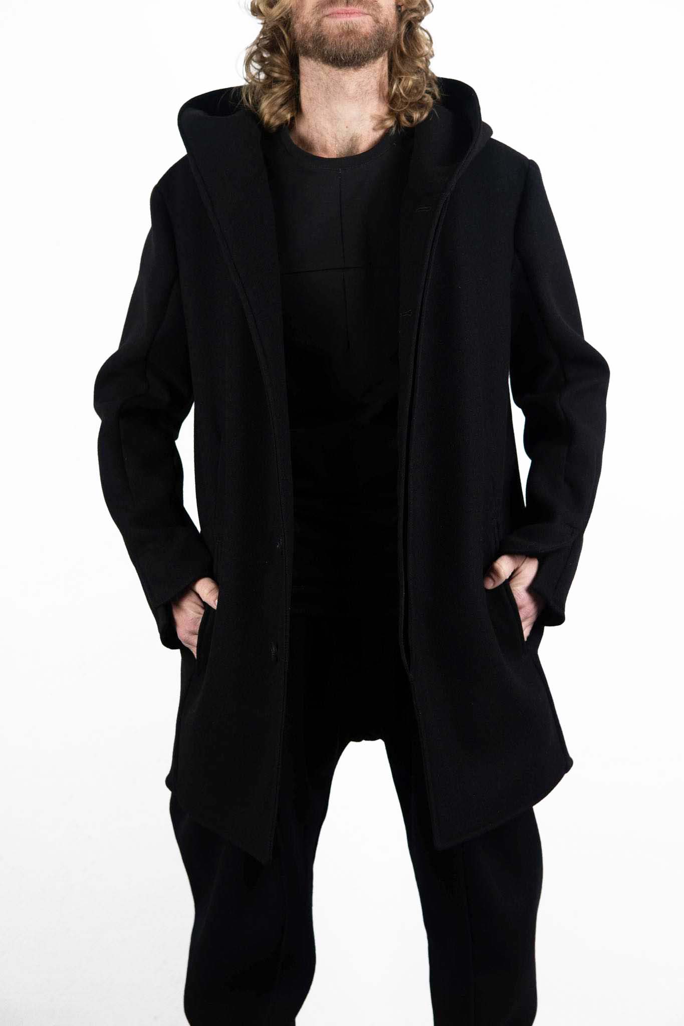 VIRGIN WOOL 100% W/BREAST HOODED BUTTON COAT LINED