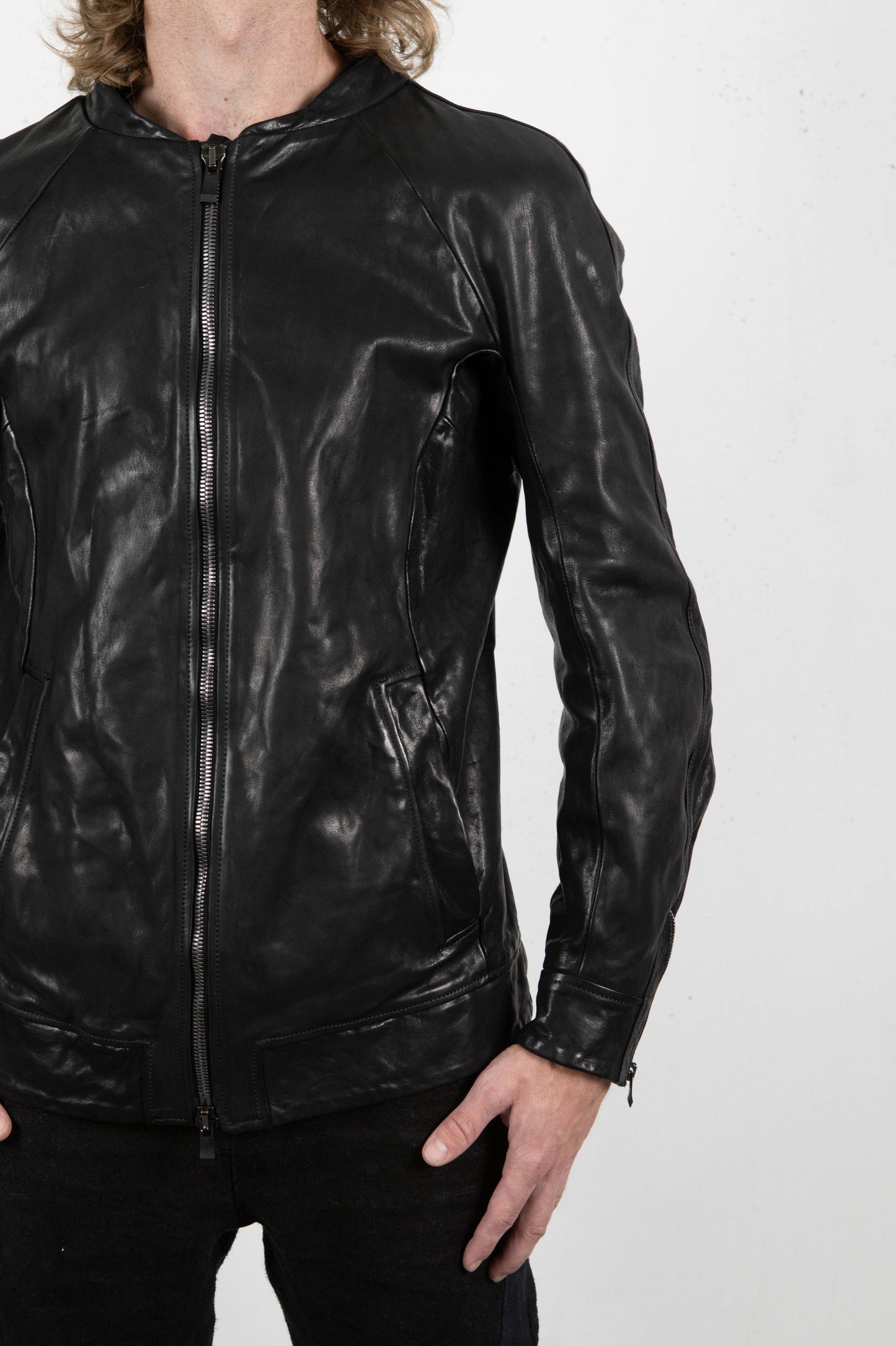 CALF SHOULDER LEATHER ZIP FRONT BLOUSON LINED　SJ-1
