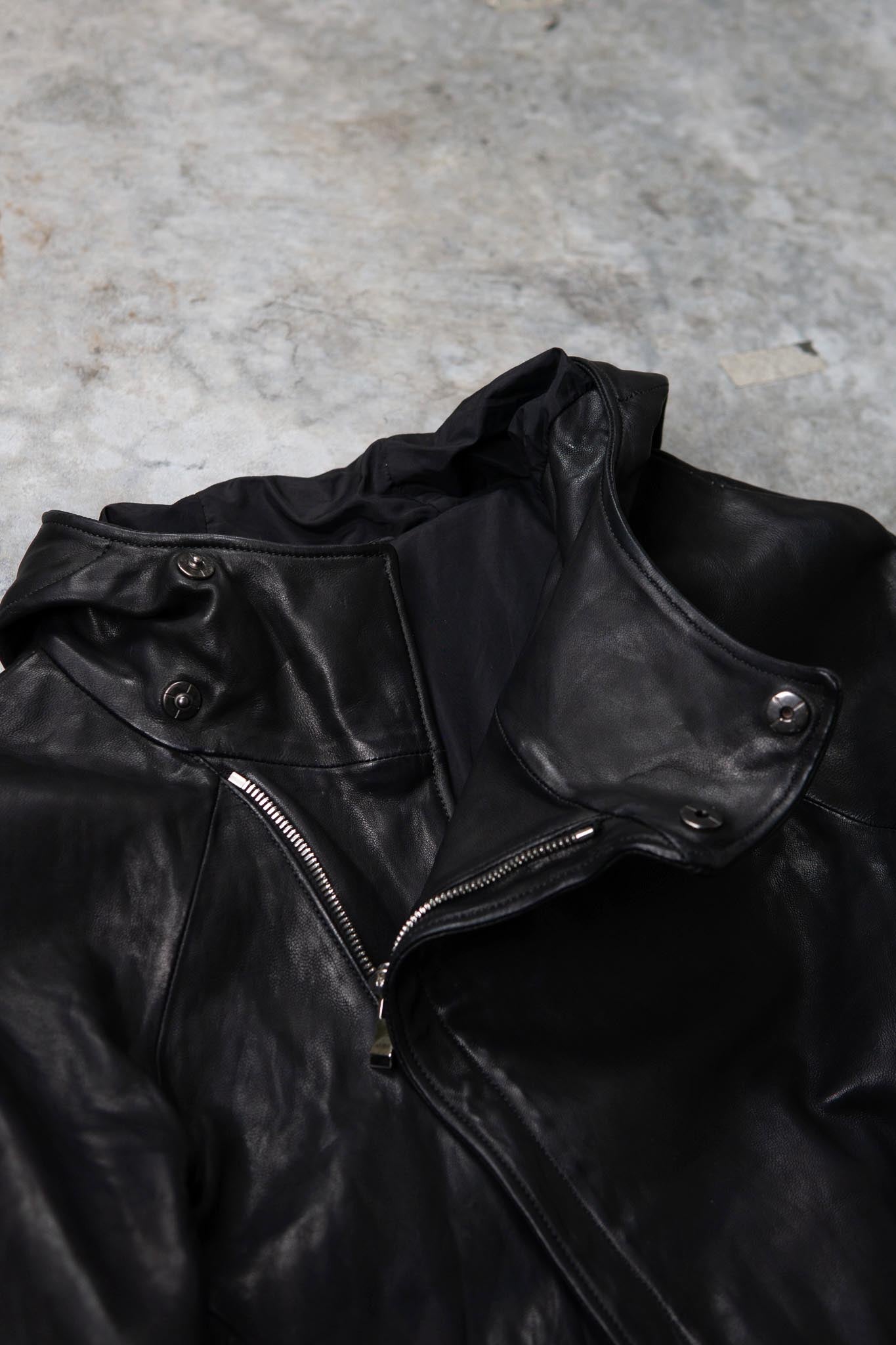 HEAVY WEIGHT SHEEP LEATHER ZIP FRONT HOODED BLOUSON LINED SJ-4