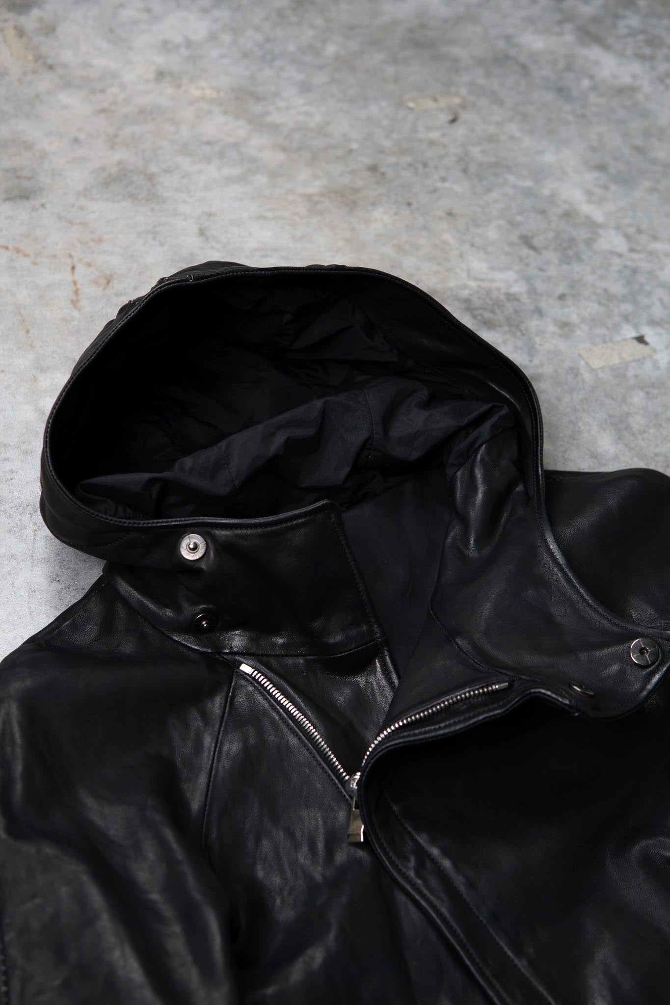 HEAVY WEIGHT SHEEP LEATHER ZIP FRONT HOODED BLOUSON LINED SJ-4
